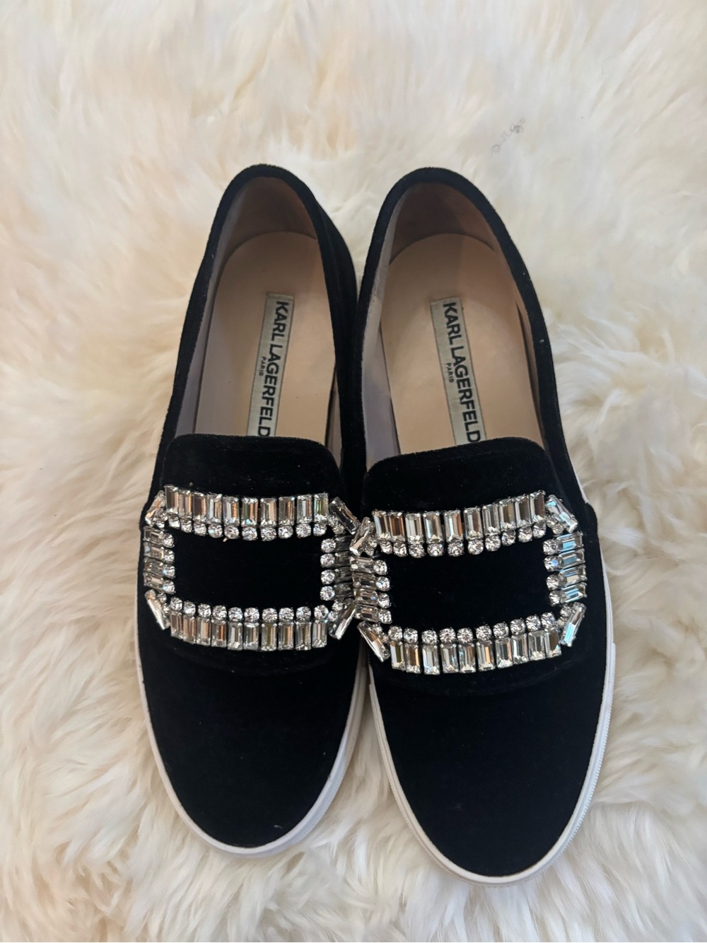 Karl Lagerfeld Black Velvet Crystal-Embellished Slip-Ons